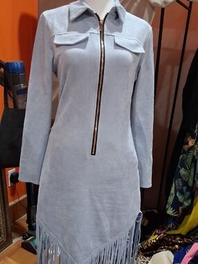 Light Blue Long-Sleeve Fringe Zip Dress